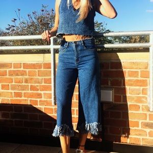 Zara High Rise Wide Leg Frayed Cropped Jeans
